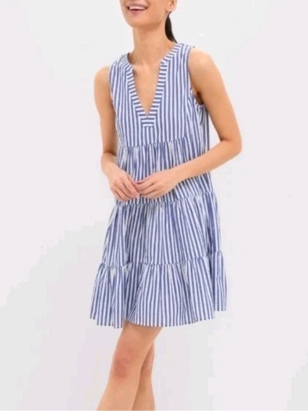 Pomander Place Kenzo Blue and White Striped Cotton Poplin Tiered Dress XS